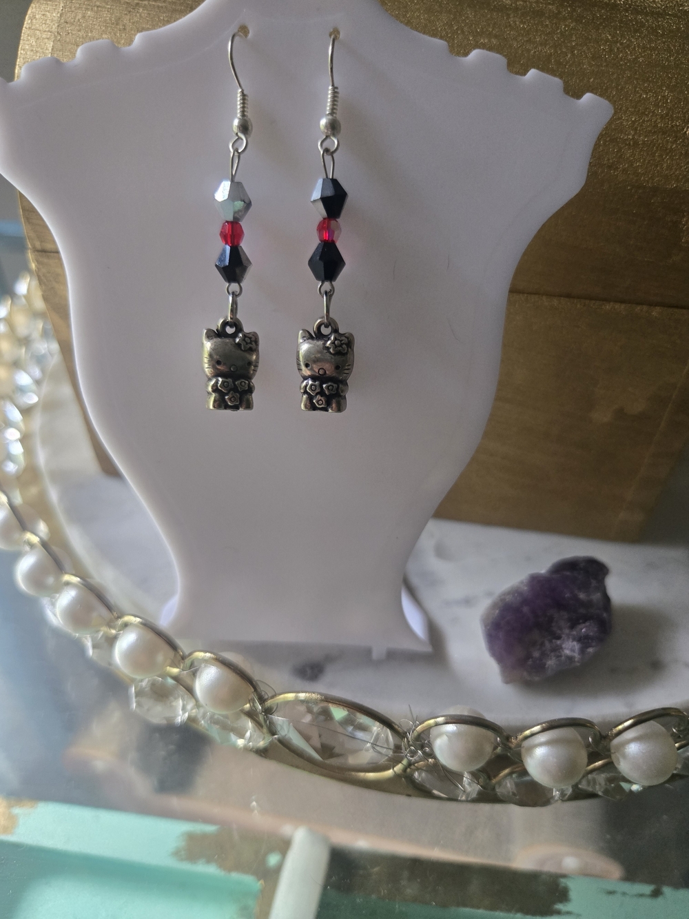 Silver Hello Kitty Charm Dangle Earrings with Red and Black Beads